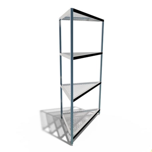 Pharmaceutical triangular shelving unit with perforated shelves